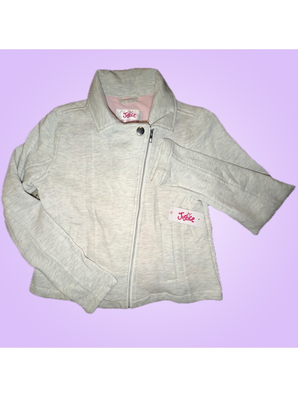 Justice Girls Size 12 Gray Knit Moto Biker Jacket with Pink Lining